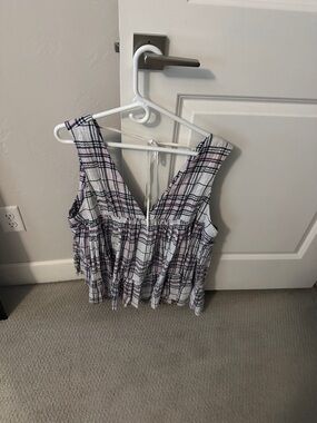 We The Free Pink and White Plaid V‑Neck Peplum Tank